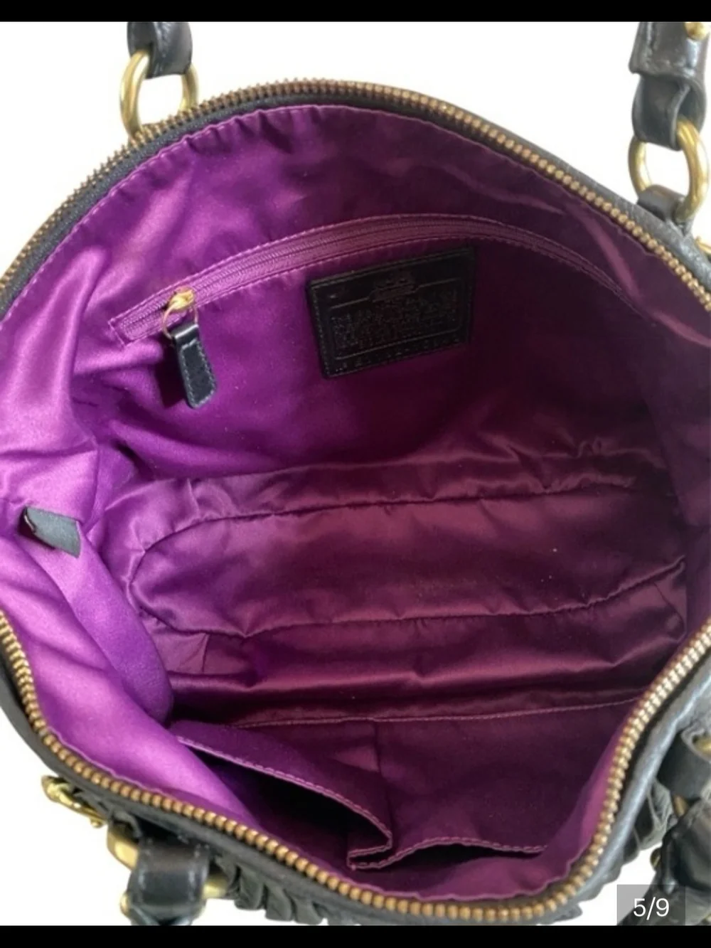 Coach Black Leather Pleated Satchel with Gold Accents